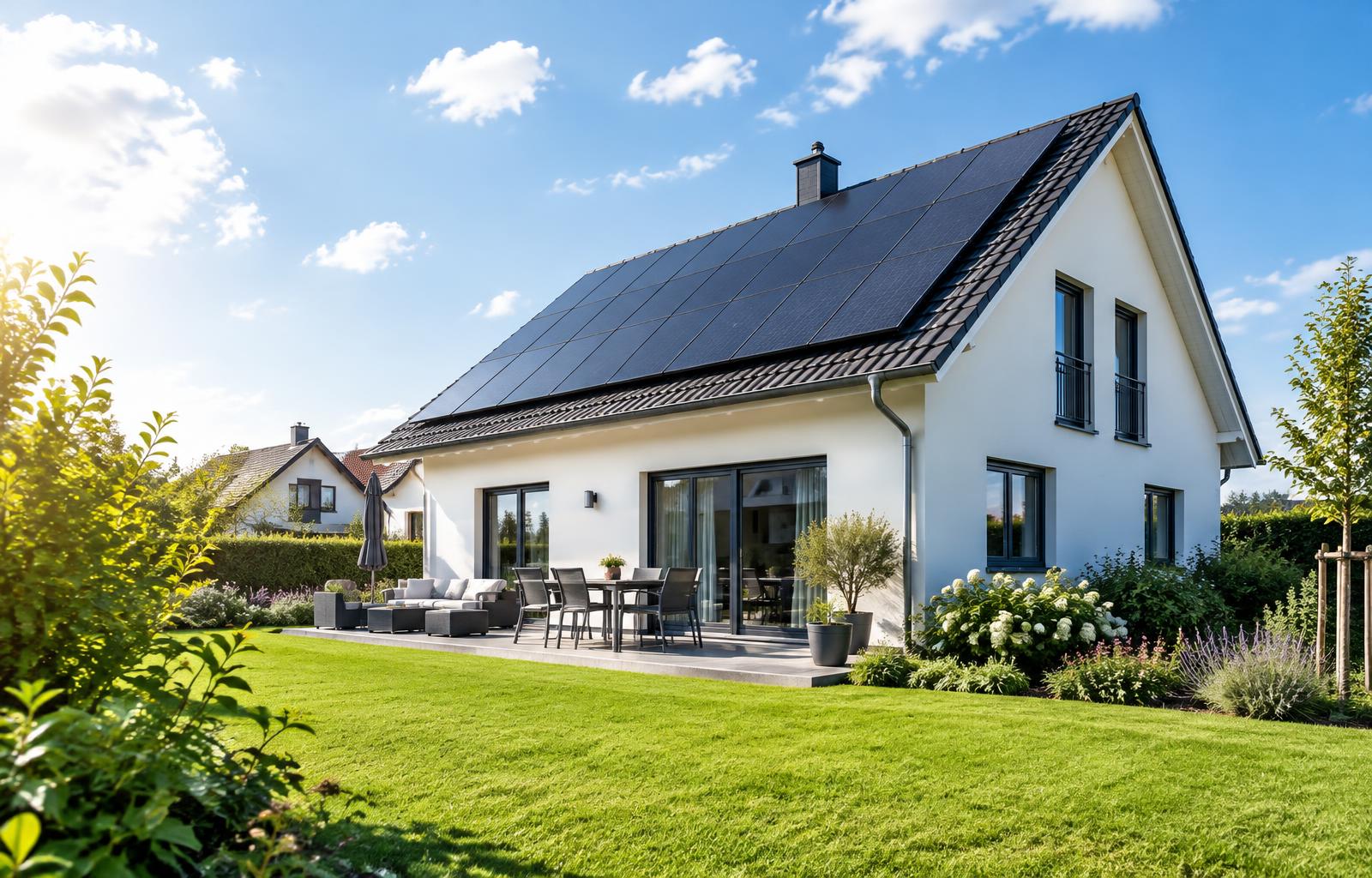 Casă cu panouri fotovoltaice într-o zi însorită